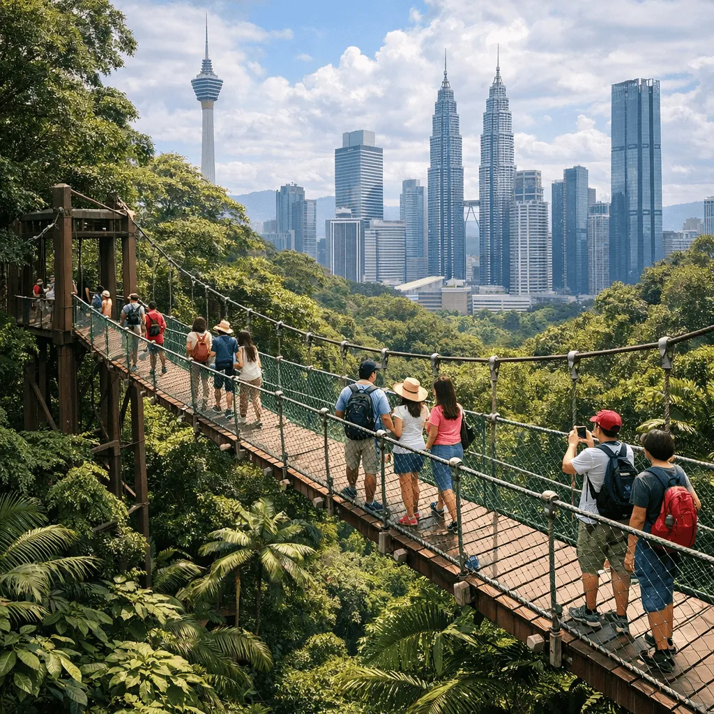 canopy-walk-in-forest-eco-park-with-visitors-crossing-above-tropical-foliage-and-distant-modern-towers Canopy walk in Forest Eco Park with visitors crossing above tropical foliage and distant modern towers.