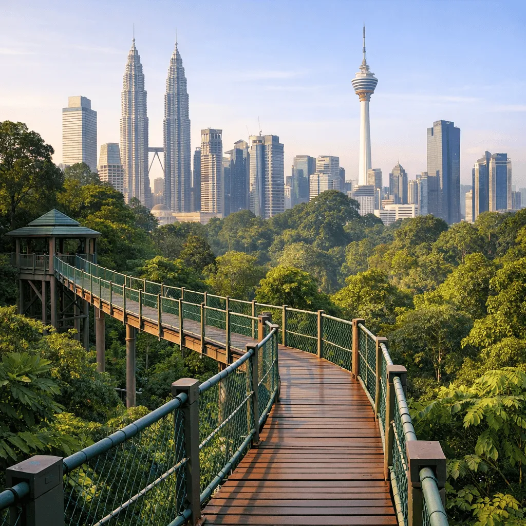 elevated-walkway-through-forest-eco-park-with-kuala-lumpur-skyline-rising-behind-the-trees Elevated walkway through Forest Eco Park with Kuala Lumpur skyline rising behind the trees