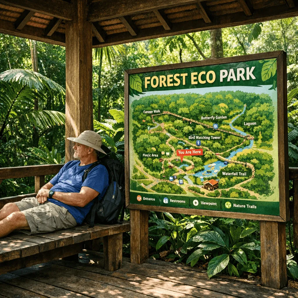 visitor-resting-on-a-shaded-platform-in-forest-eco-park-with-map-signage-and-tropical-greenery-nearby Resting on a shaded platform in KL Forest Eco Park